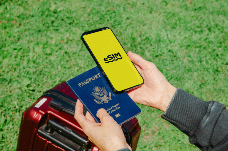 Smartphone with map open, ready to connect with eSIM