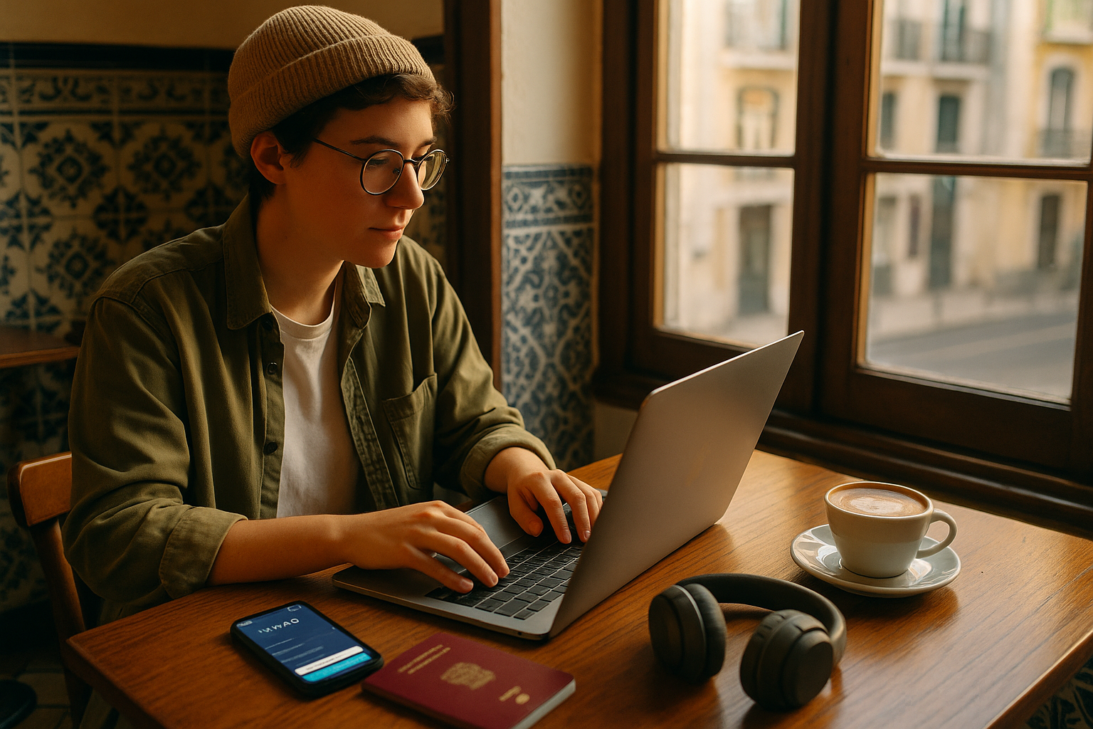 digital nomad working on laptop in Lisbon café with Wise app and passport on table