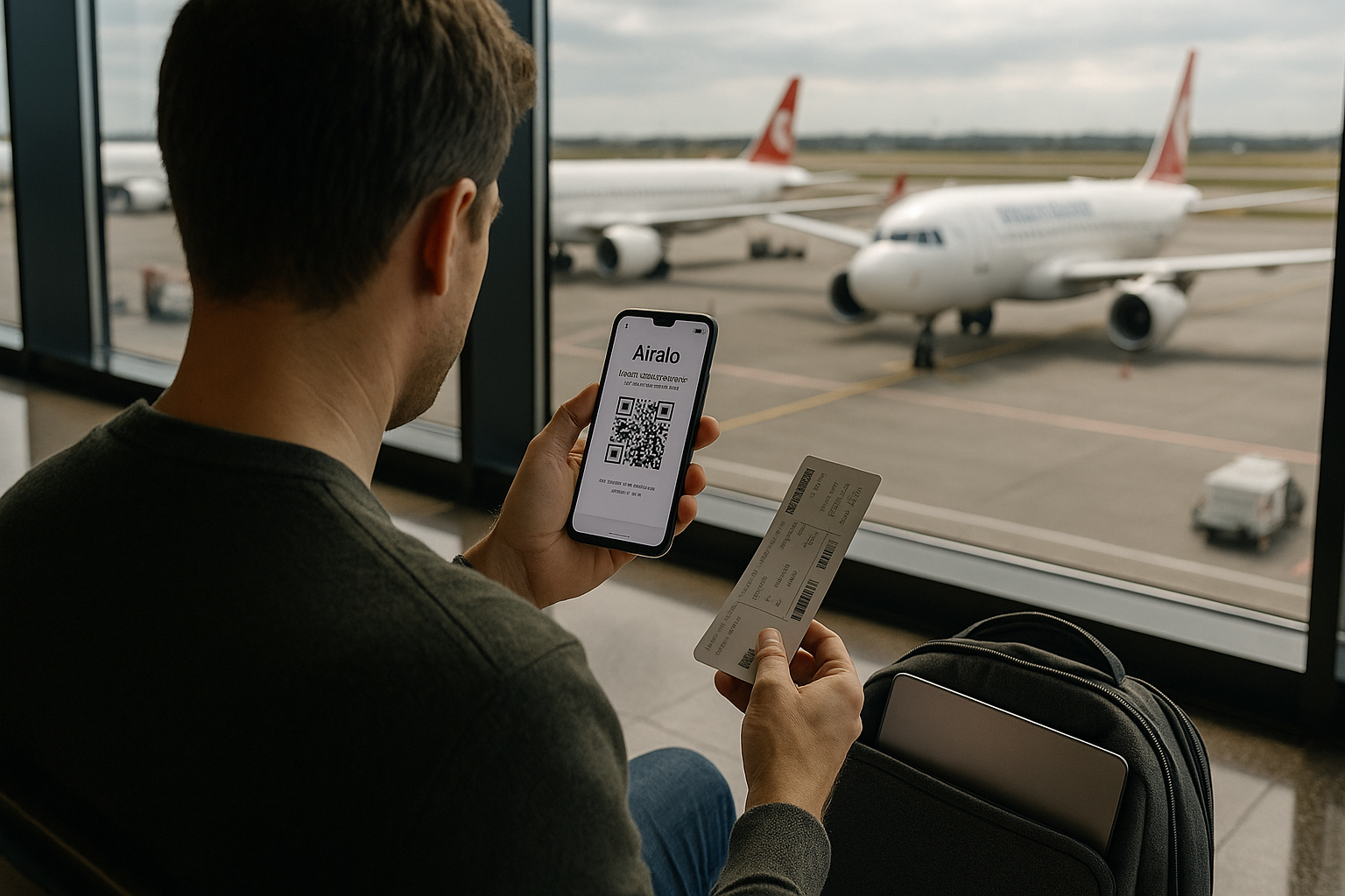 traveler activating Airalo eSIM on phone at airport gate while holding boarding pass