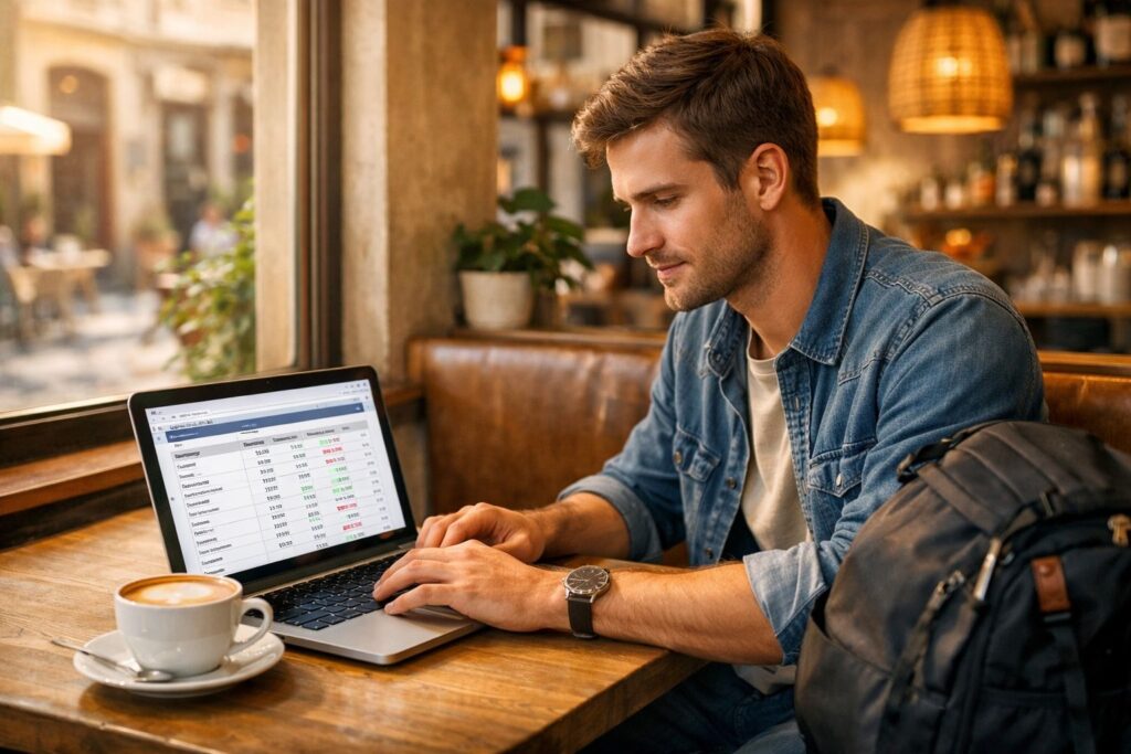 Digital nomad working on laptop in a cafe abroad with monthly budget spreadsheet on screen