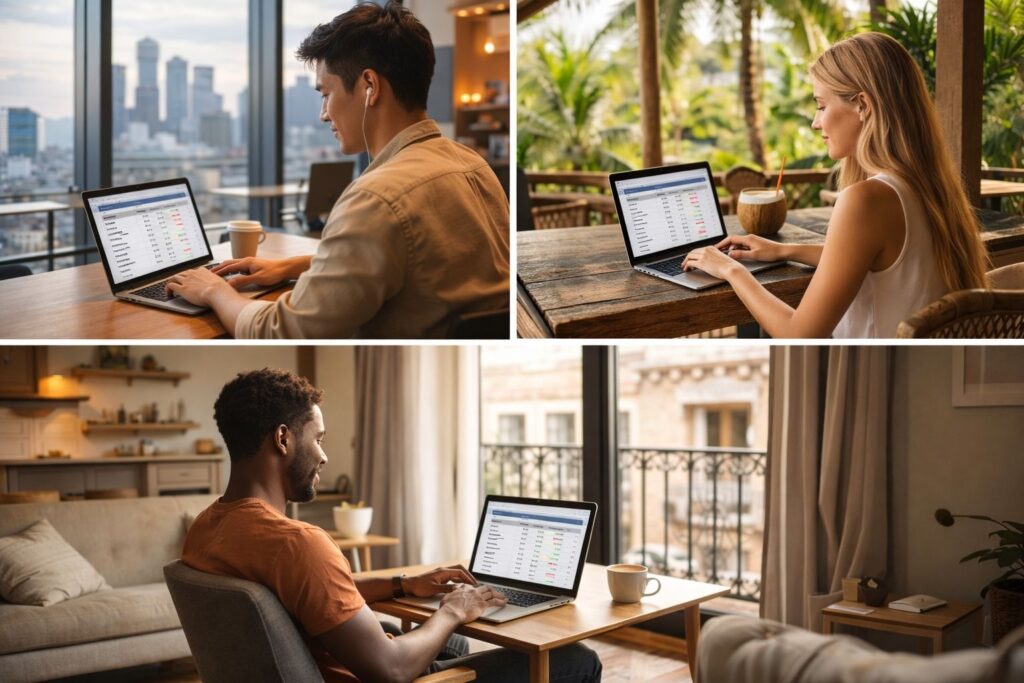 Three digital nomads working remotely from different locations including a coworking space, a tropical cafe and a European apartment