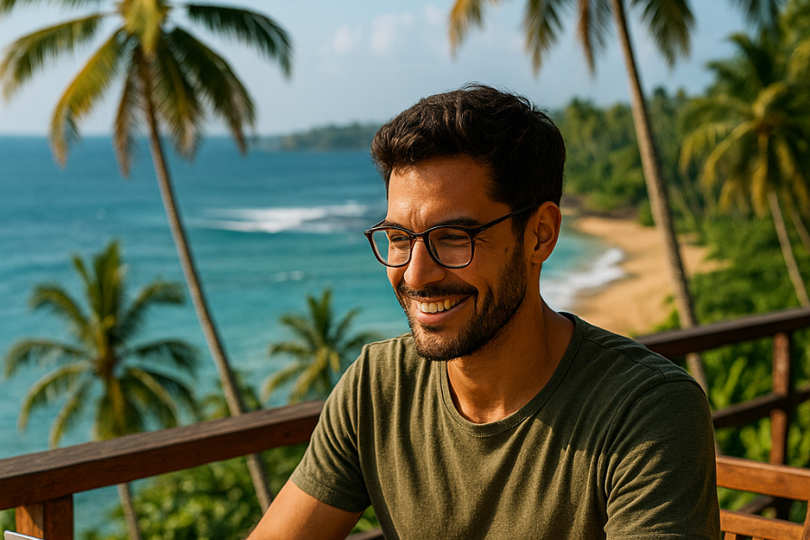 digital nomad working budget on laptop with world map