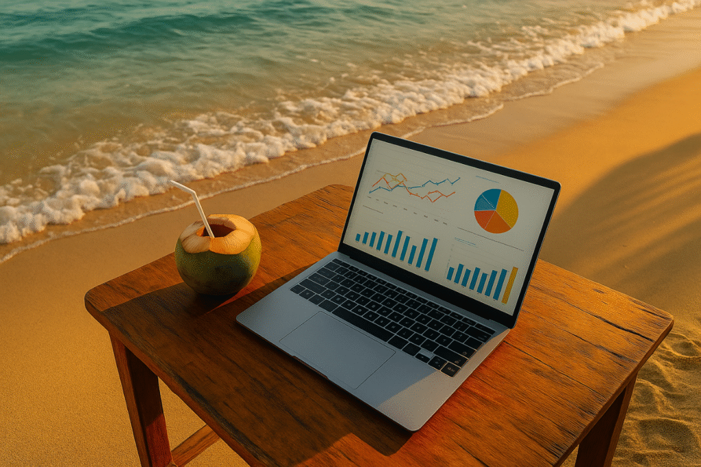 wooden table with laptop and fresh coconut on a sandy beach at golden hour