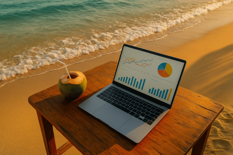 wooden table with laptop and fresh coconut on a sandy beach at golden hour