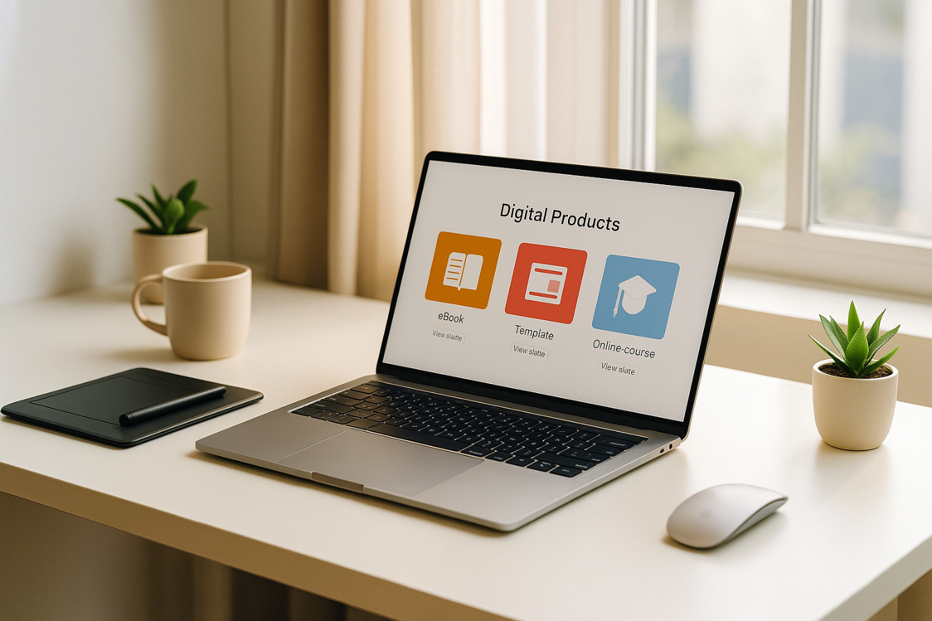 laptop displaying a “Digital Products” dashboard on a bright white desk, graphics tablet and coffee nearby