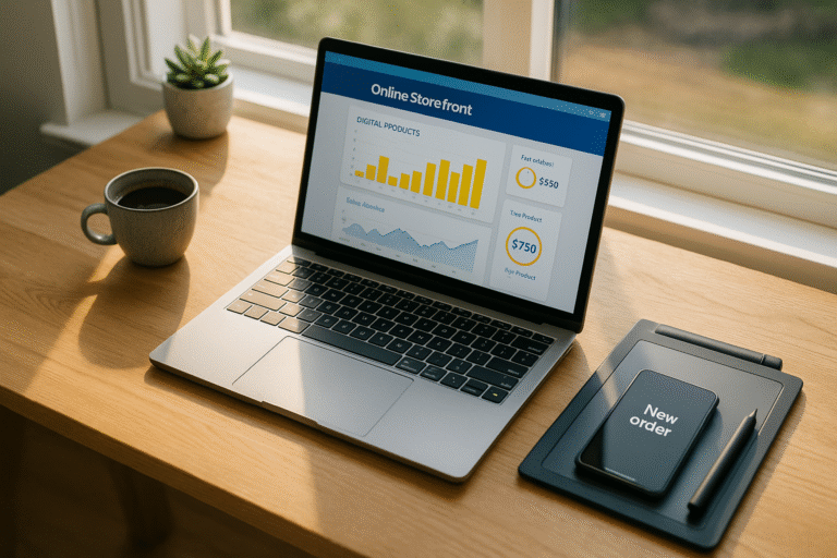 laptop with online storefront dashboard, smartphone showing new order, graphics tablet and coffee on sun-lit wooden desk