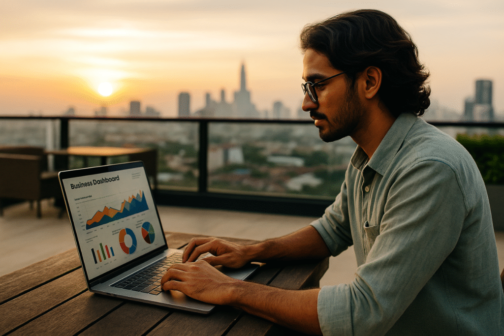 focused nomad studying analytics on a laptop outdoors, dusk skyline behind