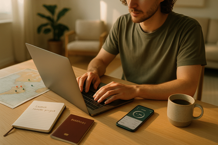 flat-design illustration of a digital nomad roadmap with laptop, world map, and five pastel step icons