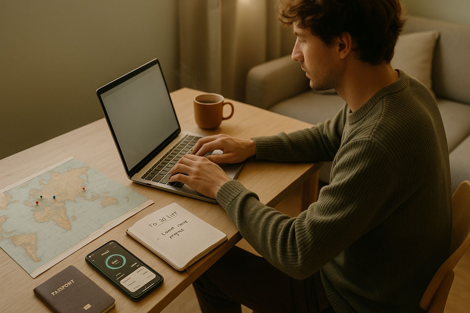 realistic desktop scene of a digital nomad typing on laptop beside a folded world map, passport, budget app, and coffee mug