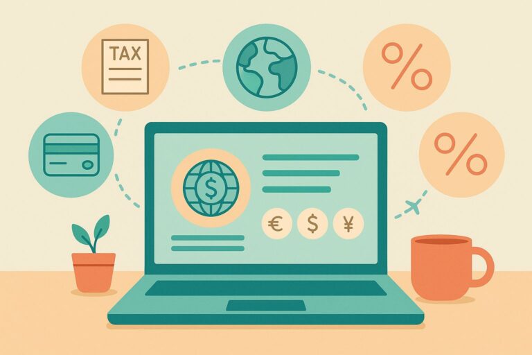 flat-design illustration of laptop with global currency dashboard and tax icons around it