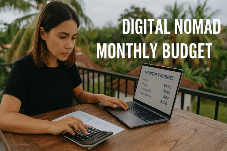 digital nomad reviewing monthly budget on laptop