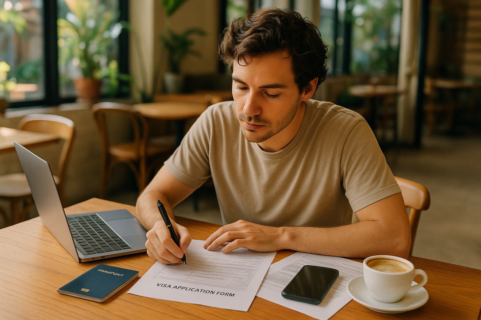 A remote worker applying for a digital nomad visa with documents and passport