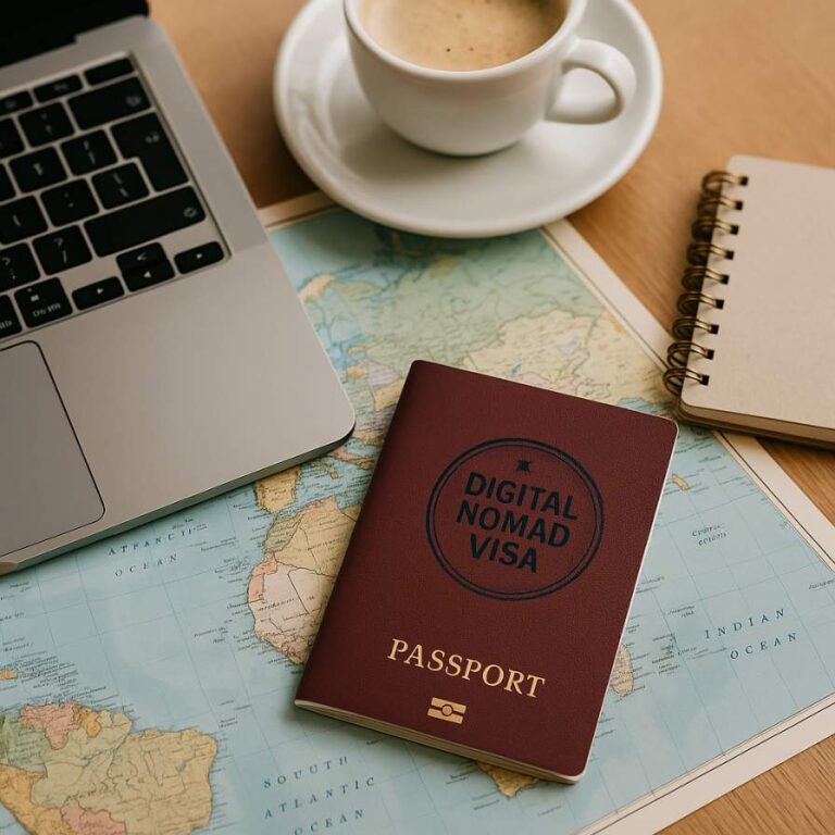 A remote worker applying for a visa while working from a café abroad