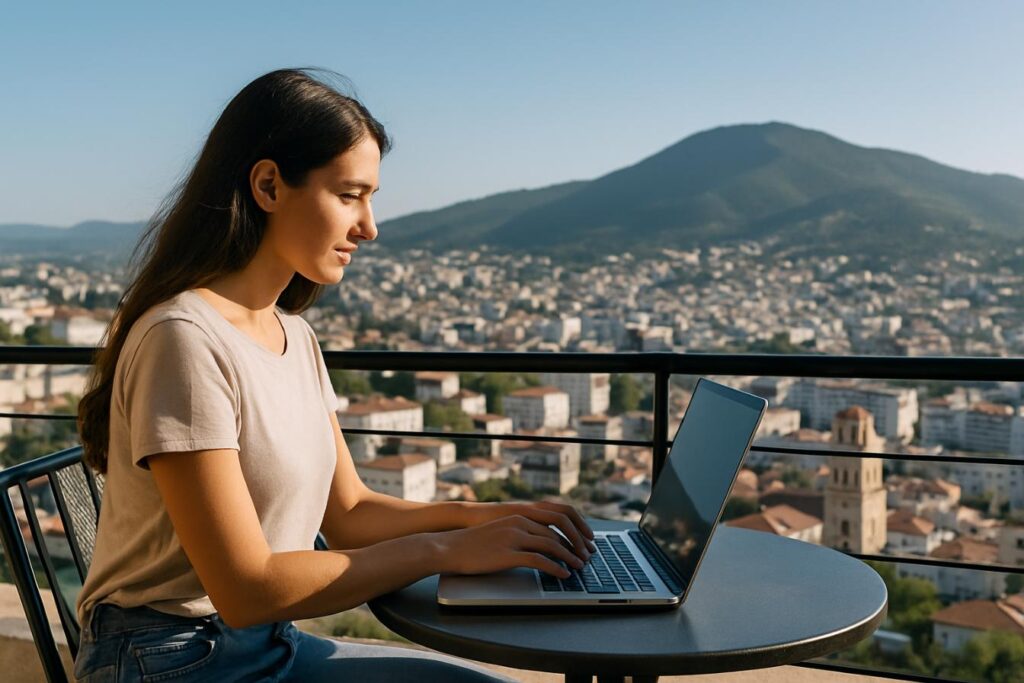 remote worker with laptop overlooking affordable city