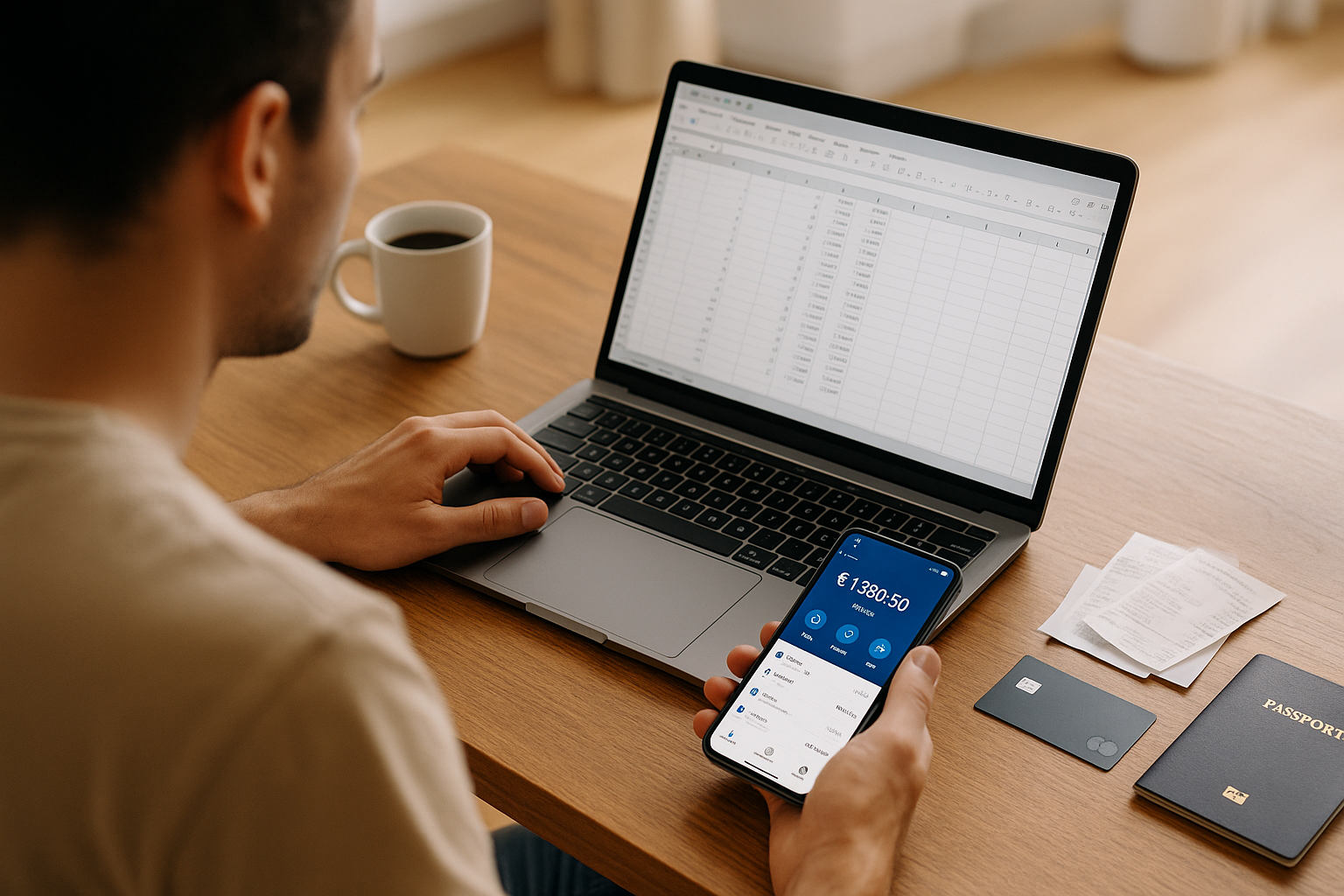digital nomad reviewing online bank app and receipts beside laptop, passport, and coffee