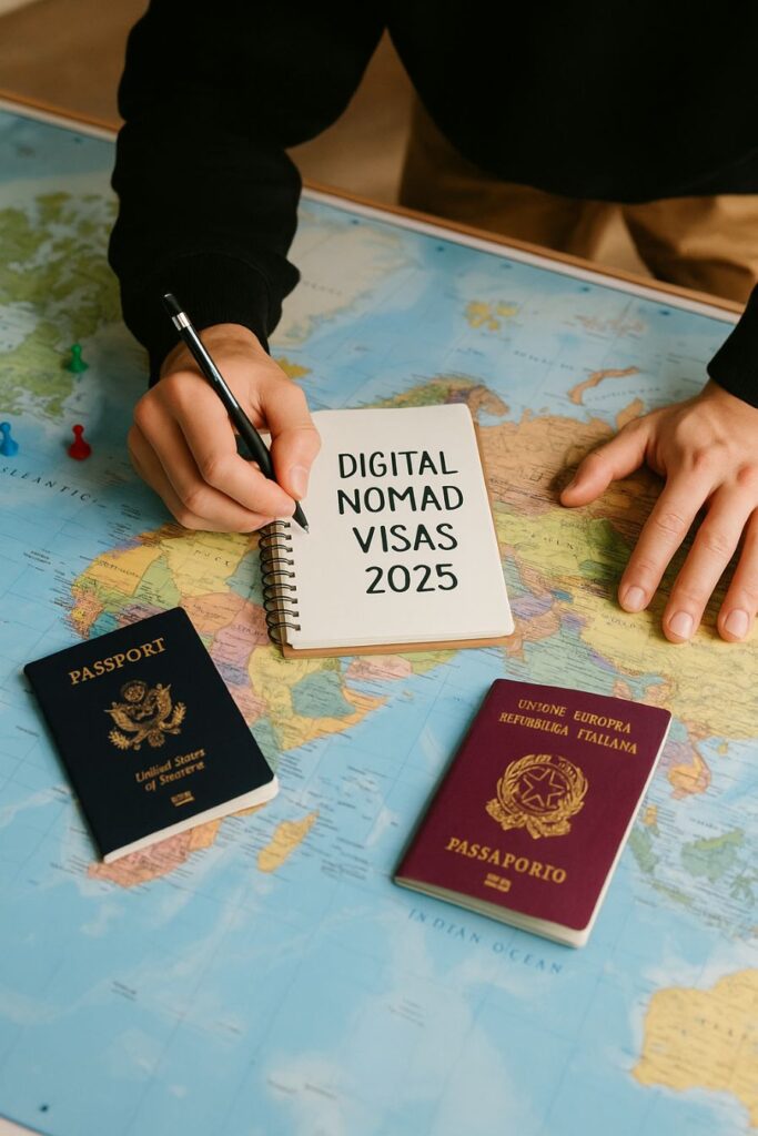 Passport stamped with a digital nomad visa on a workspace with a laptop and world map