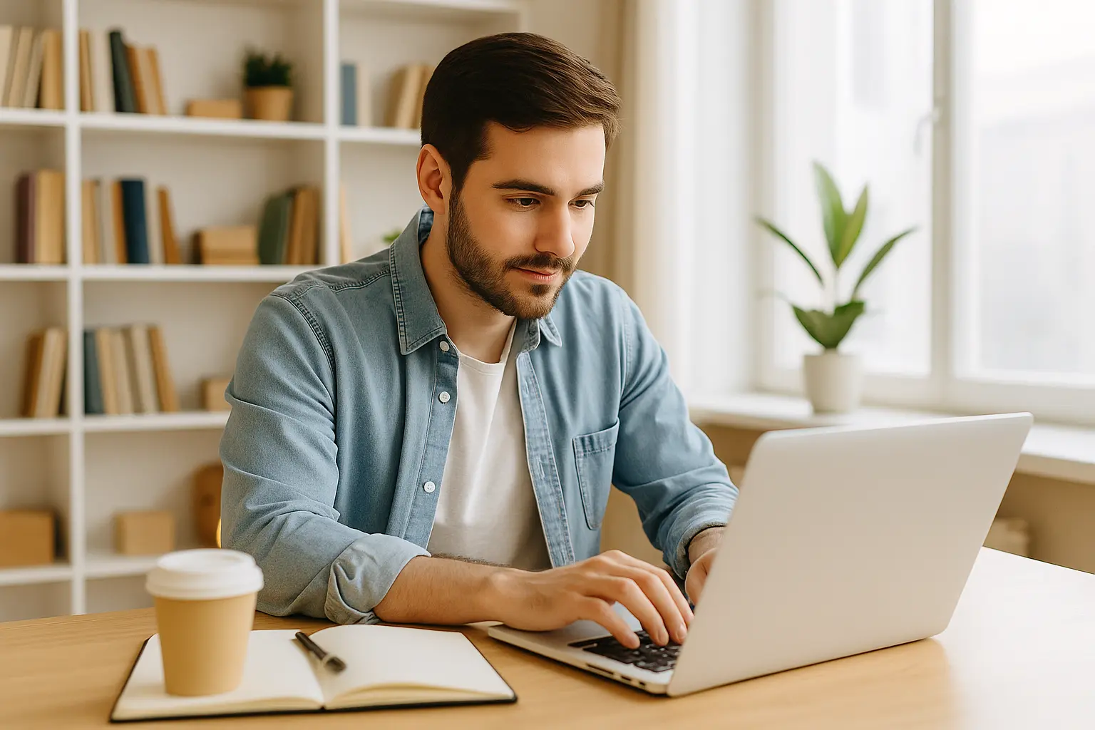 Digital nomad woman working on a laptop in a bright modern workspace with natural sunlight and plants