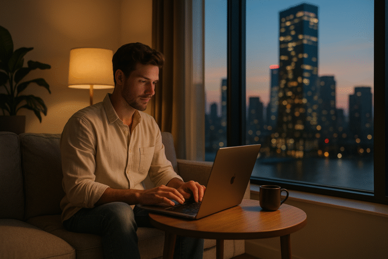 remote professional typing on a laptop in a cozy apartment at dusk, city skyline glowing behind