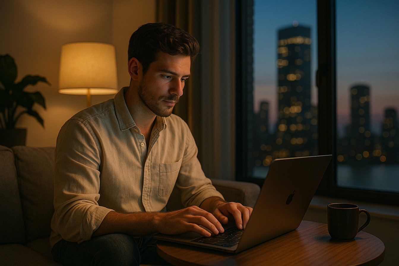 focused remote worker on a sofa, warm lamplight contrasting with cool evening city lights
