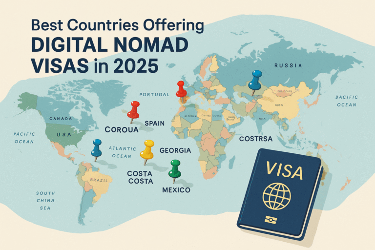 World map showing countries offering digital nomad visas in 2025 with passport illustration