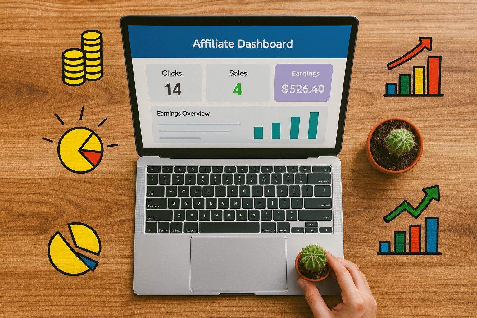 top-down view of laptop open to an “Affiliate Dashboard”, wooden desk, small cactus, graphic icons for charts and coins