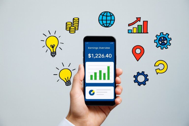 hand holding smartphone that shows an “Earnings Overview” app, surrounded by colourful doodle icons for money, ideas, charts