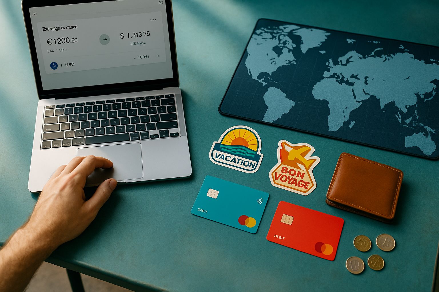 Top-down view of a turquoise table with a laptop displaying a currency-exchange app, world-map mouse pad, colorful travel stickers, two debit cards, leather wallet, and scattered foreign coins