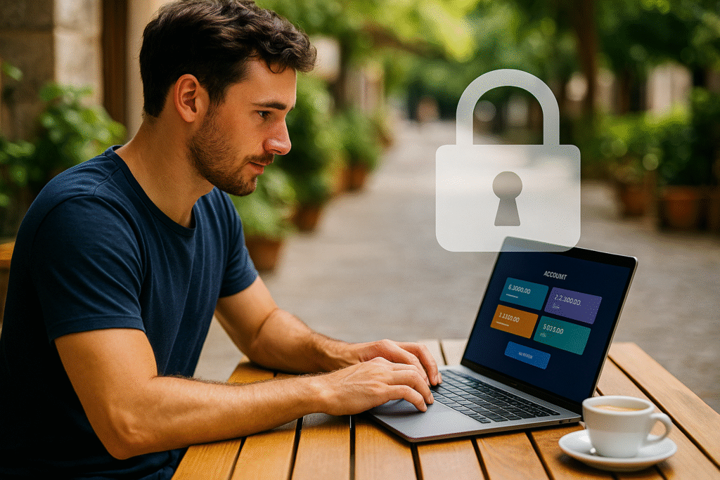 Digital nomad using a secure banking app on a laptop, padlock overlay symbolising safety