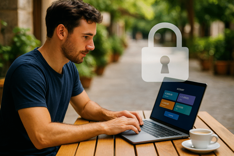Digital nomad using a secure banking app on a laptop, padlock overlay symbolising safety