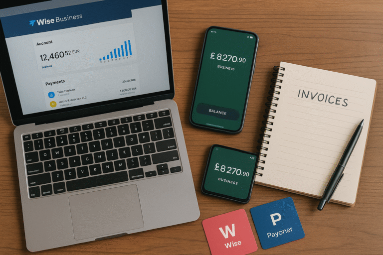 Laptop with Wise Business dashboard and smartphone showing Revolut Business balance on a wooden desk