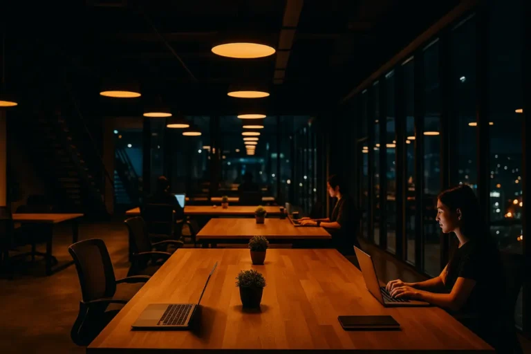 Modern coworking space at night with warm pendant lights, long wooden tables, and a few night-owl workers on laptops
