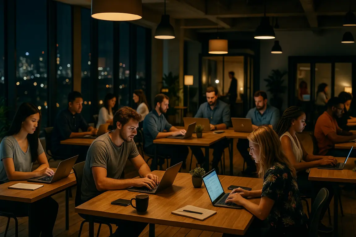 Busy coworking space at night with warm lighting, many people working at long desks, and a city skyline visible through large windows.