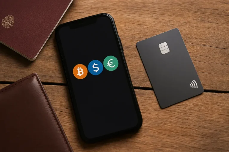 “Smartphone with crypto wallet icons beside a metal debit card and passport on a wooden surface
