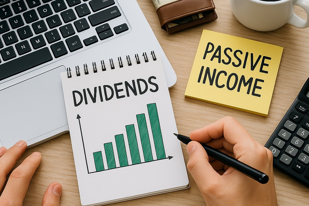 top-down view of notebook labeled “DIVIDENDS”, laptop keyboard, wallet, coffee, sticky note reading “PASSIVE INCOME”