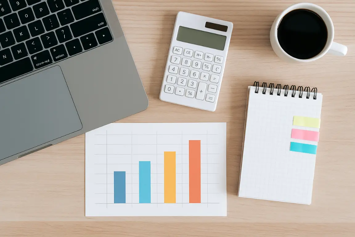 Minimal workspace with notebook grid and colored tabs beside a simple bar chart printout and calculator
