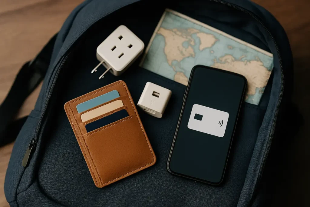 Open travel backpack with cardholder, universal adapter, smartphone showing a contactless card, and a vintage world map