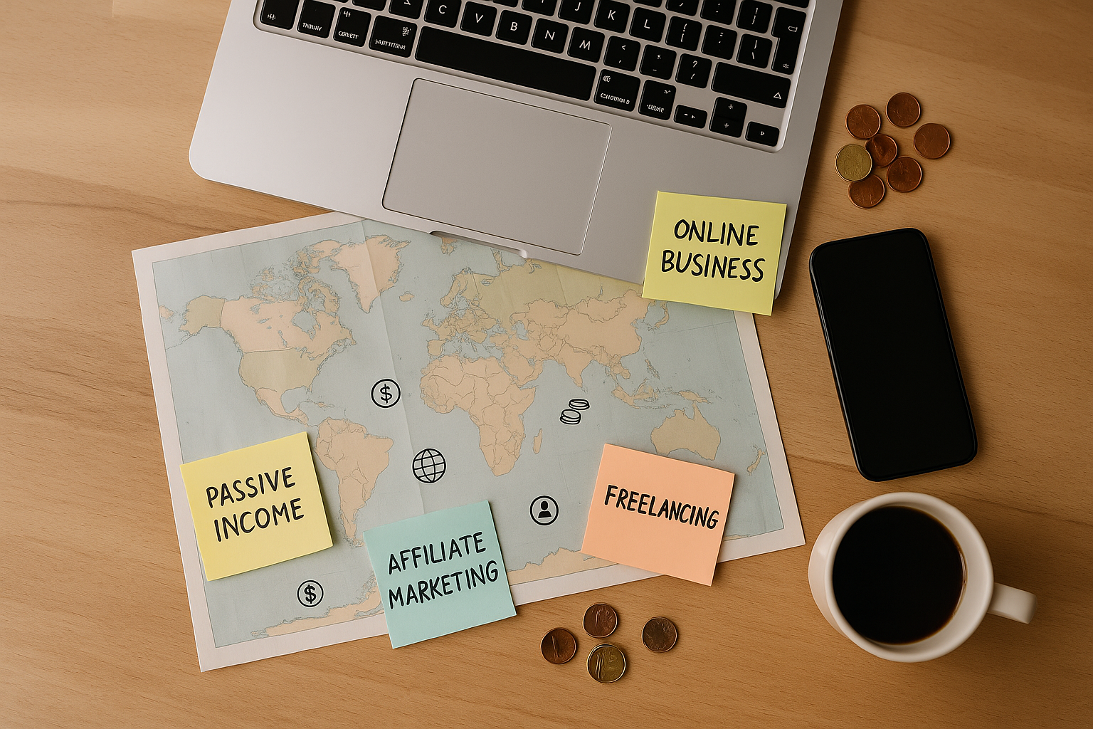 flat-lay of laptop, world map, phone and sticky notes listing income streams passive income, freelancing, affiliate marketing, online business