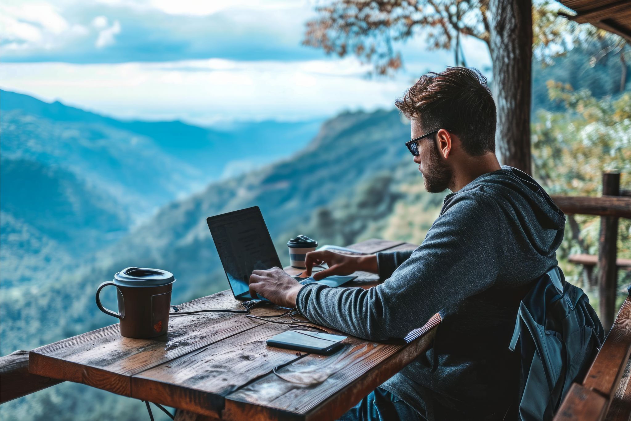 Digital nomad working remotely on a laptop with a mountain view and coffee on a wooden table