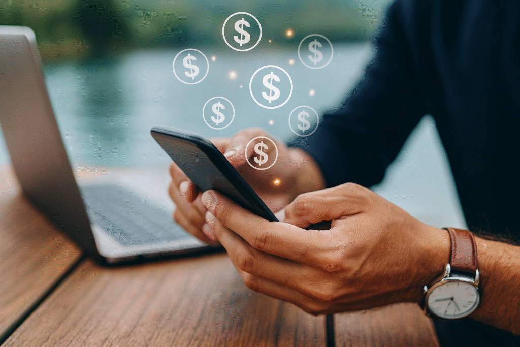 hands of a digital nomad holding a smartphone, glowing dollar icons floating above, laptop blurred in background by a lakeside table