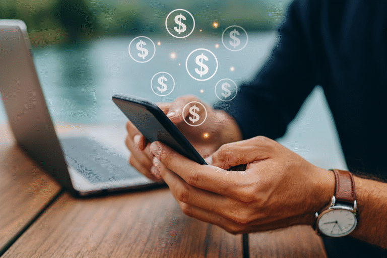 hands of a digital nomad holding a smartphone, glowing dollar icons floating above, laptop blurred in background by a lakeside table