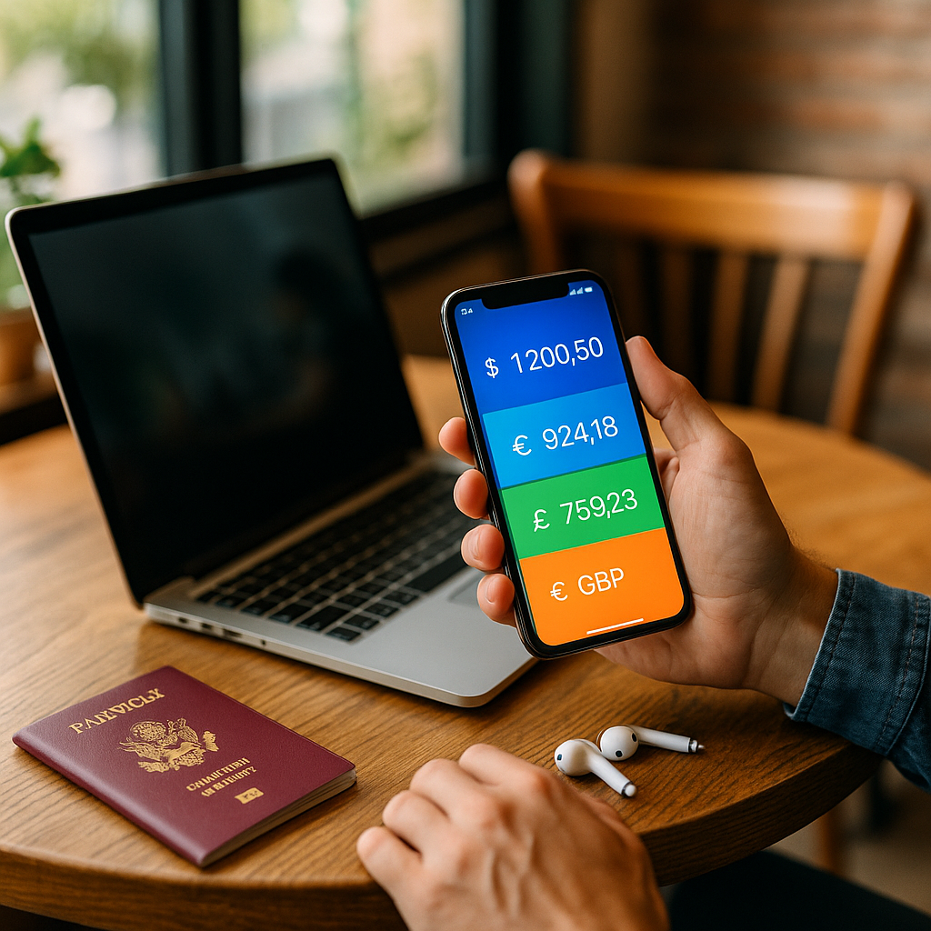 Digital nomad holding a smartphone that shows multi-currency account balances beside a laptop, passport, and earbuds on a café table