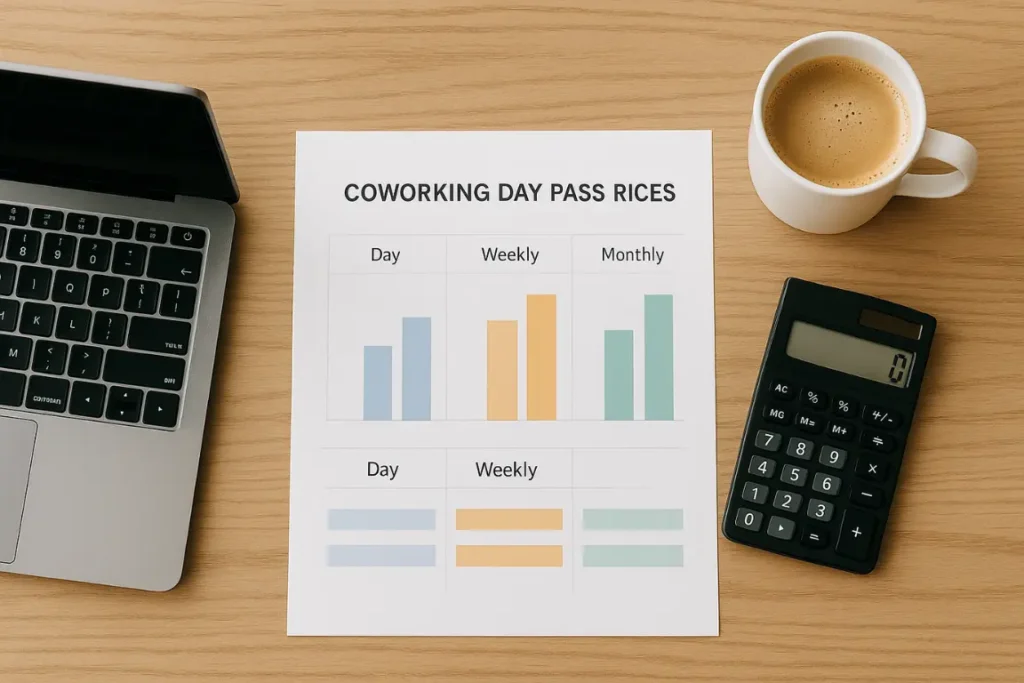 Top-down desk with laptop, calculator, coffee, and an unlabeled bar chart on a spiral notebook