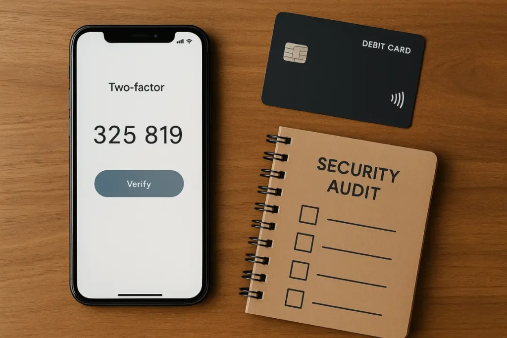 Smartphone showing two-factor authentication code beside a debit card and a notebook labeled Security Audit on a wooden desk