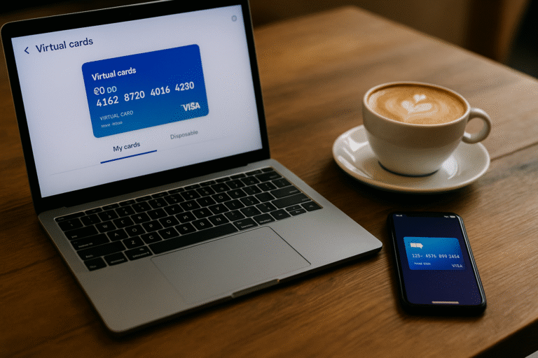 Laptop displaying virtual debit card dashboard beside smartphone with disposable card number and a lock icon overlay