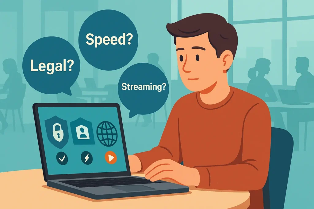 Digital nomad using a laptop with VPN interface, surrounded by question bubbles about legality, speed, and streaming