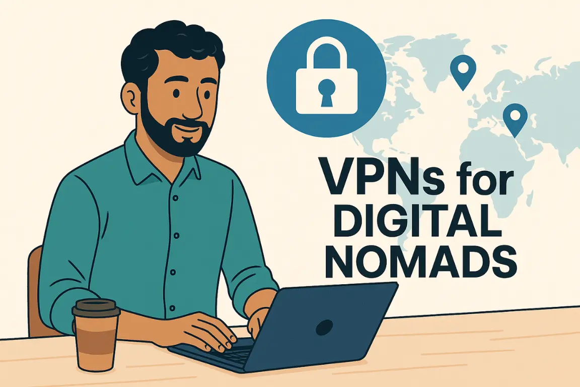 Illustration of a digital nomad using a VPN on a laptop with world map in background