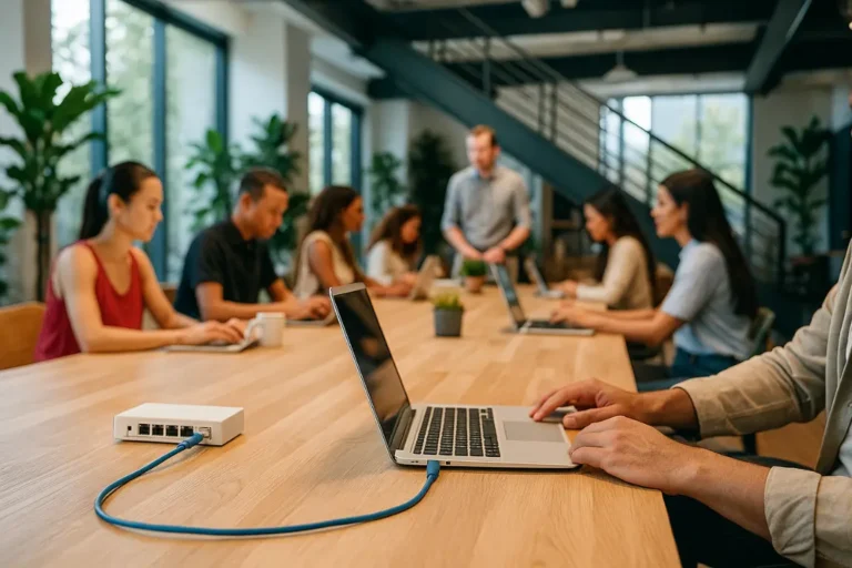 Bright daytime coworking space with long wooden tables, laptops, plants, and visible power outlets.