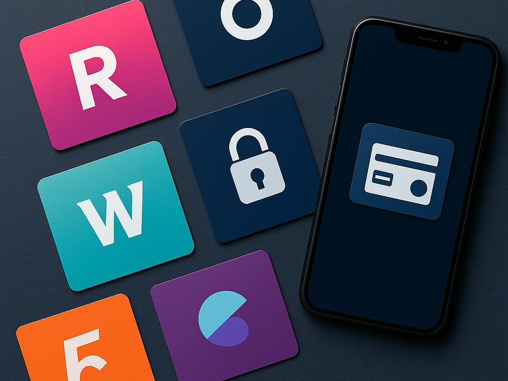 Flat-lay of five colourful square cards with stylised initials around a smartphone showing a virtual card icon, on a dark blue background
