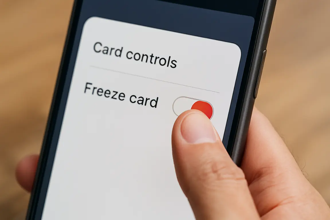 Finger toggling the Freeze card control inside a mobile banking app