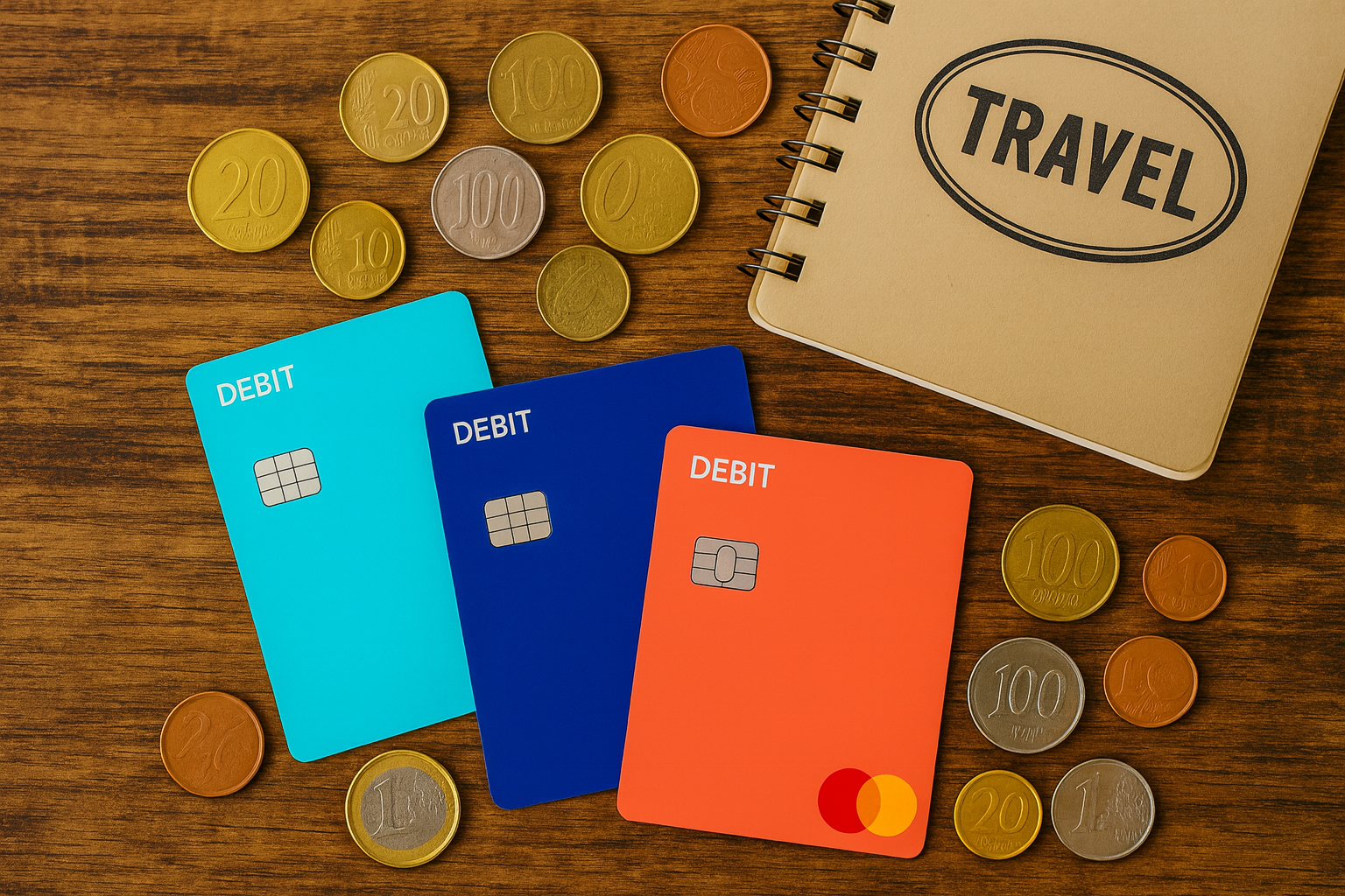 Three colorful debit cards with global coins and a travel notebook labeled ‘Travel’ arranged on a rustic wooden table